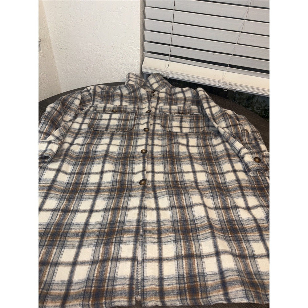 Saints & Hearts Womens Blouse Beige Black Plaid Button Long Sleeve Boyfriend S/M